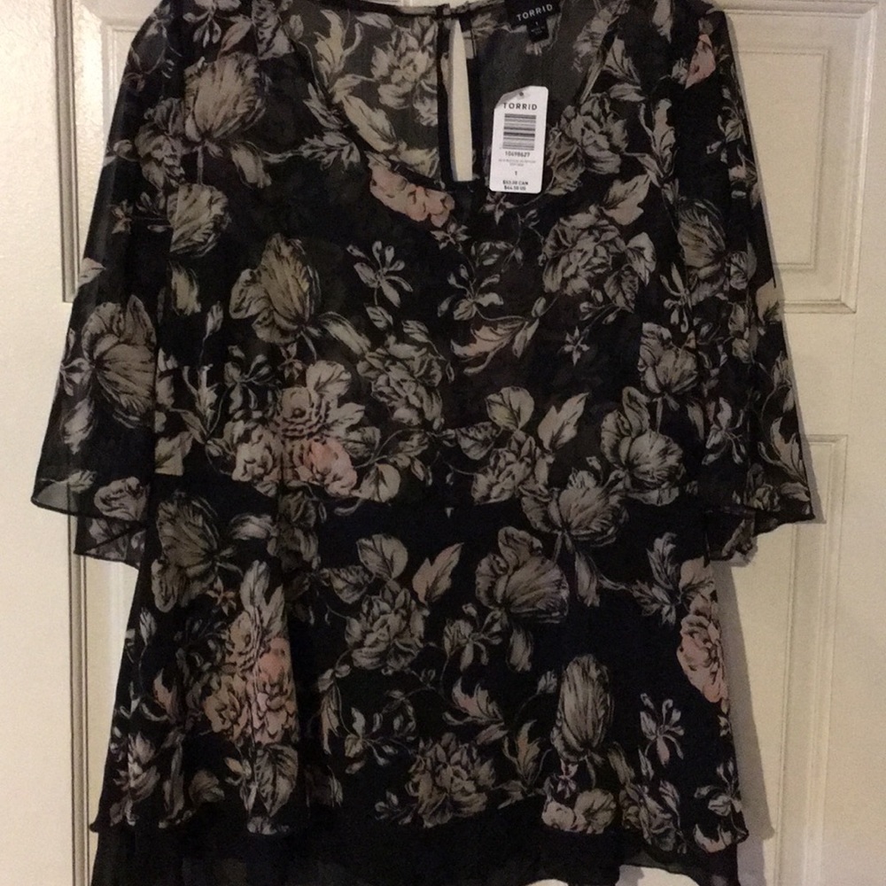 Chiffon black blouse, floral, sheer top